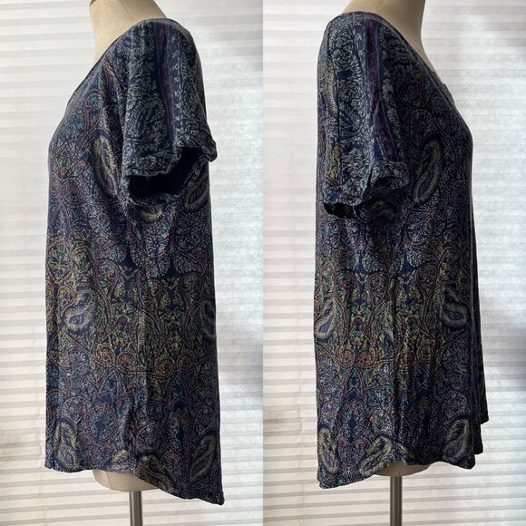 Lucky Brand Paisley Split back Tee, size L, Navy, cotton blend, made in India. - Picture 2 of 7
